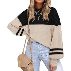 Women's Khaki 1 Batwing Long Sleeve Crew Neck Striped Oversized Pullover Sweater